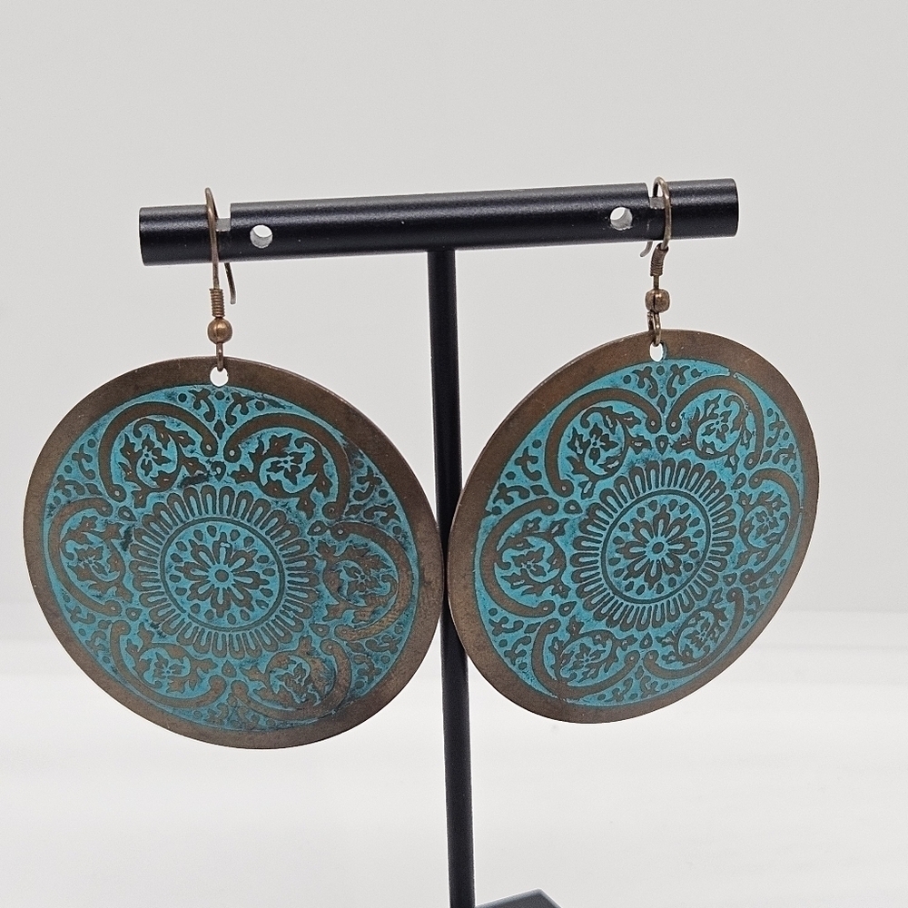 copper and turquoise blue mandala disk earrings